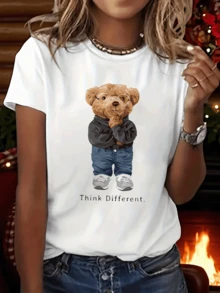 Women's Vintage "Think Different" T-Shirt With Bear Print - Short Sleeve And Round Neck, Retro And Iconic Style, Ideal For Summer And Spring - Casual Clothing And Nostalgic Style For Themed Events And Everyday Looks - [白色的] - 查看 6