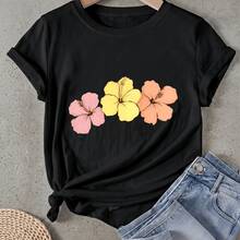 Camiseta de mujer Patrón de Flores Rosa Amarillo Naranja Manga Corta Cuello Redondo Casual Adecuado para primavera y verano - Negro - Ver 1