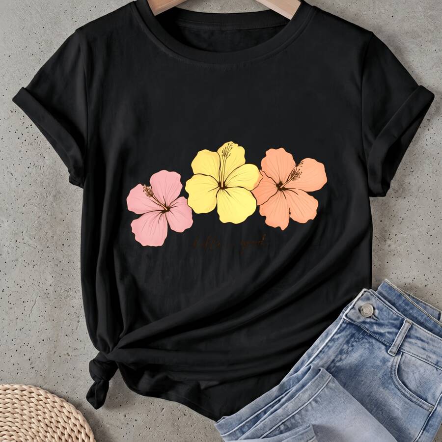Camiseta de mujer Patrón de Flores Rosa Amarillo Naranja Manga Corta Cuello Redondo Casual Adecuado para primavera y verano - Negro - Ver 1