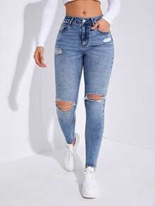 PETITE Vintage Distressed Minimalist Versatile Skinny Fit Denim Jeans For Women, Stretchy Slim Leg - Blue - View 5
