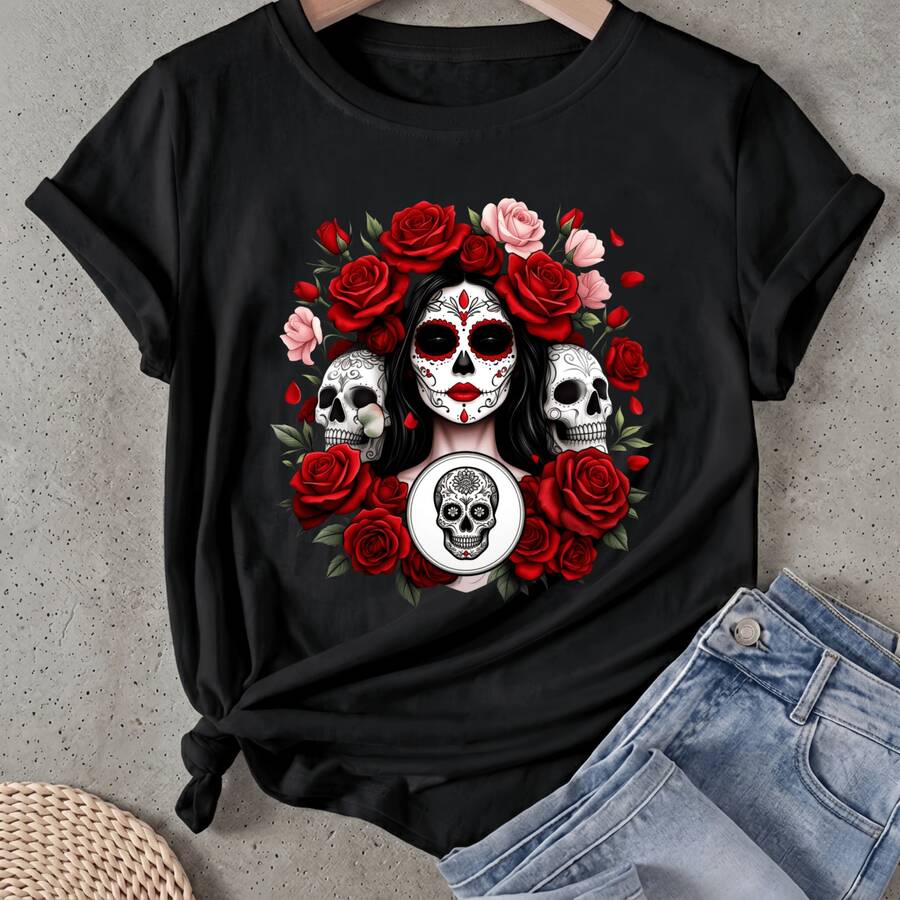 Camiseta de mujer Calaveras Rosas Día de los Muertos Manga Corta Cuello Redondo Casual Adecuado para primavera y verano - Negro - Ver 1
