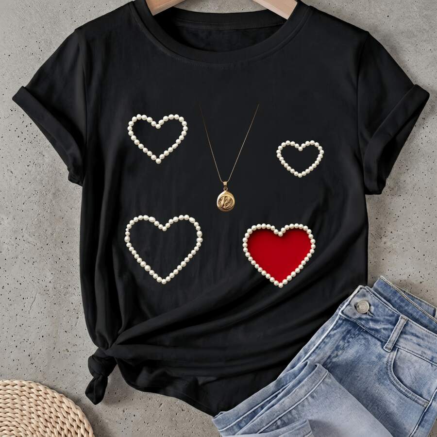 Camiseta de mujer Perlas en Forma de Corazón Manga Corta Cuello Redondo Casual Adecuado para primavera y verano - Negro - Ver 1