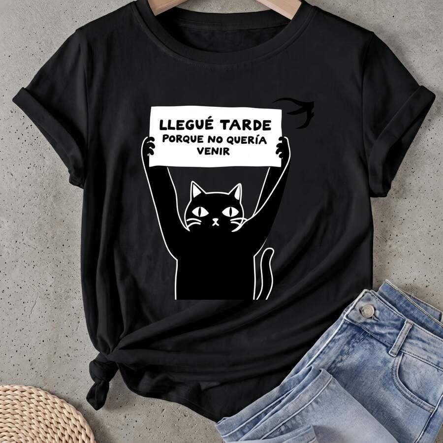 Camiseta de mujer Gato sosteniendo un letrero con texto Manga Corta Cuello Redondo Casual Adecuado para primavera y verano - Negro - Ver 1