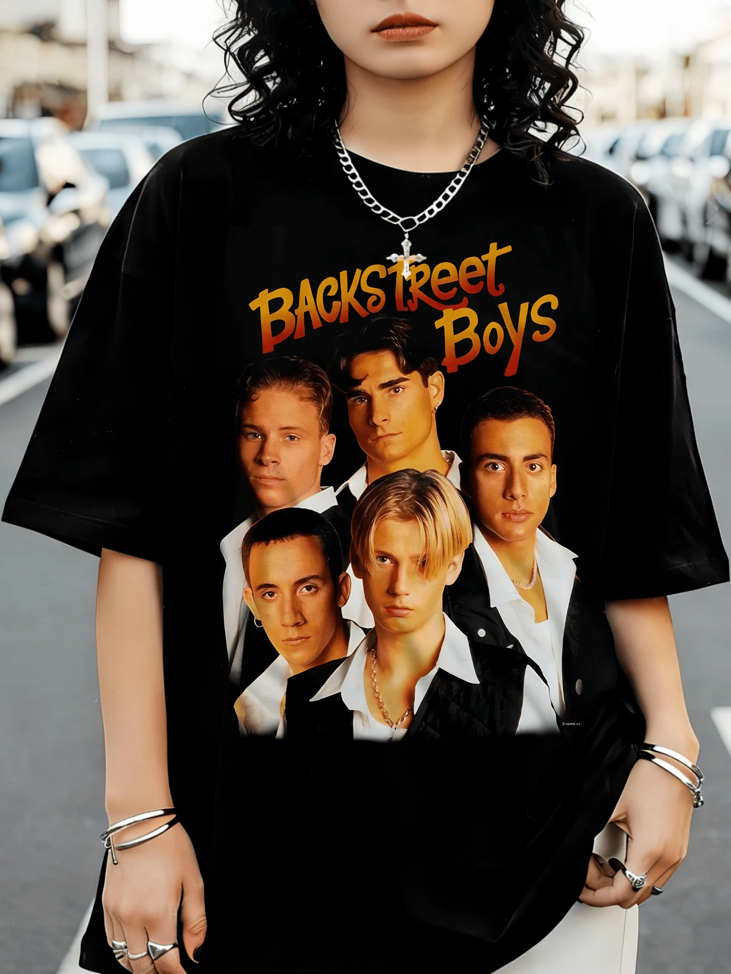 Black Adult T-Shirt With B-BackstreetBoysSS Group Photo - Black - View 1