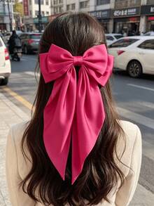 1 pieza Pinza para el cabello de unicolor de satén, cinta de seda con lazo grande, pinza para el cabello versátil para mujeres, pinzas para el cabello, clips para el cabello - Rosa Fucsia - Ver 4