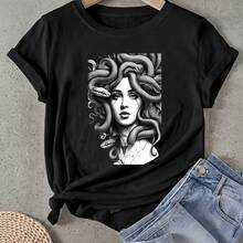 Camiseta de mujer Retrato de arte de Medusa con cabello de serpientes Manga Corta Cuello Redondo Casual Adecuado para primavera y verano - Negro - Ver 1