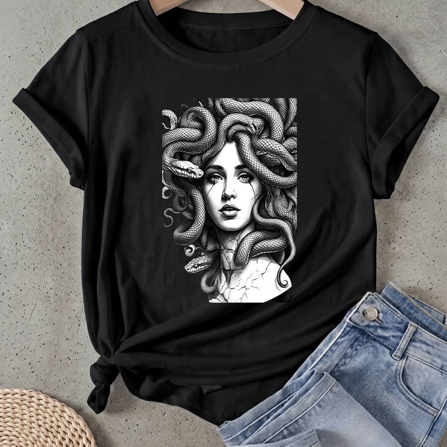 Camiseta de mujer Retrato de arte de Medusa con cabello de serpientes Manga Corta Cuello Redondo Casual Adecuado para primavera y verano - Negro - Ver 1