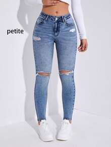 PETITE Vintage Distressed Minimalist Versatile Skinny Fit Denim Jeans For Women, Stretchy Slim Leg - Blue - View 1