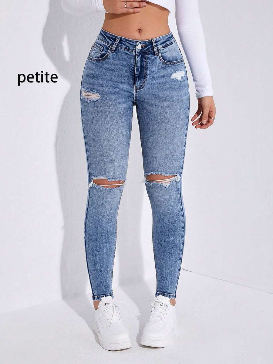 PETITE Vintage Distressed Minimalist Versatile Skinny Fit Denim Jeans For Women, Stretchy Slim Leg - Blue - View 1