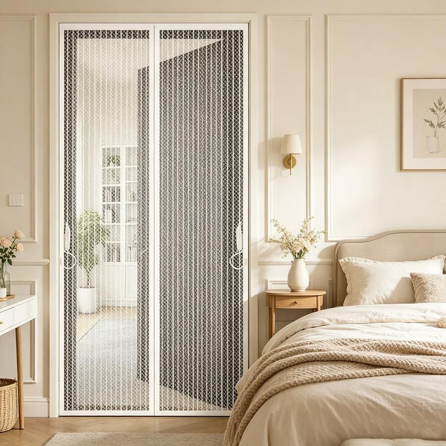 Magnetic White Anti-Mosquito Screen Door, High Density Mesh, No Drilling Adhesive Tape Installation, Durable, Summer Home Insect Barrier, Suitable For Bedroom, Living Room, Entrance, Balcony, Invisible Screen Door With Hooks On Both Sides, Easy To Disassemble And Clean - White Square Hole Hook - View 1