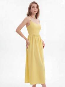 Solid Color Sexy U-Neck Ruched Cami Dress With Flared Hem Party Summer Elegant - Yellow - View 7