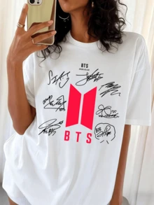 BTSS OT7 Signatures & Logo Graphic Oversized White T-Shirt, K-Pop Fan Tee - White - View 1