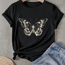 Women's T-Shirt With Butterfly Pattern Print Art Design, Short Sleeves, Round Neck, Casual Style, Suitable For Spring And Summer - Black - View 1