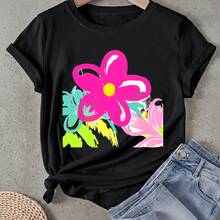 Camiseta de mujer Diseño Tropical de Flor Rosa Manga Corta Cuello Redondo Casual Adecuado para primavera y verano - Negro - Ver 1