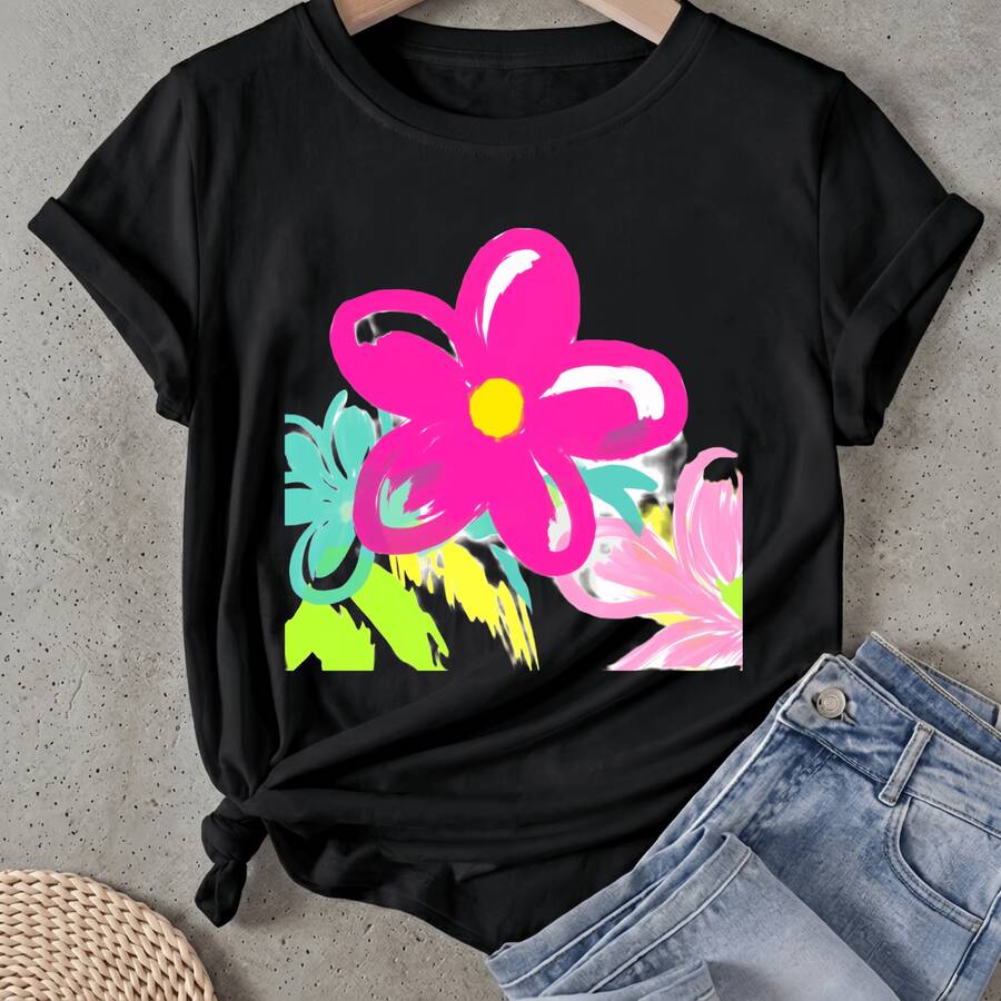 Camiseta de mujer Diseño Tropical de Flor Rosa Manga Corta Cuello Redondo Casual Adecuado para primavera y verano - Negro - Ver 1