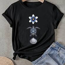 Camiseta de mujer Diseño de patrón de caparazón de flor de tortuga Manga Corta Cuello Redondo Casual Adecuado para primavera y verano - Negro - Ver 1