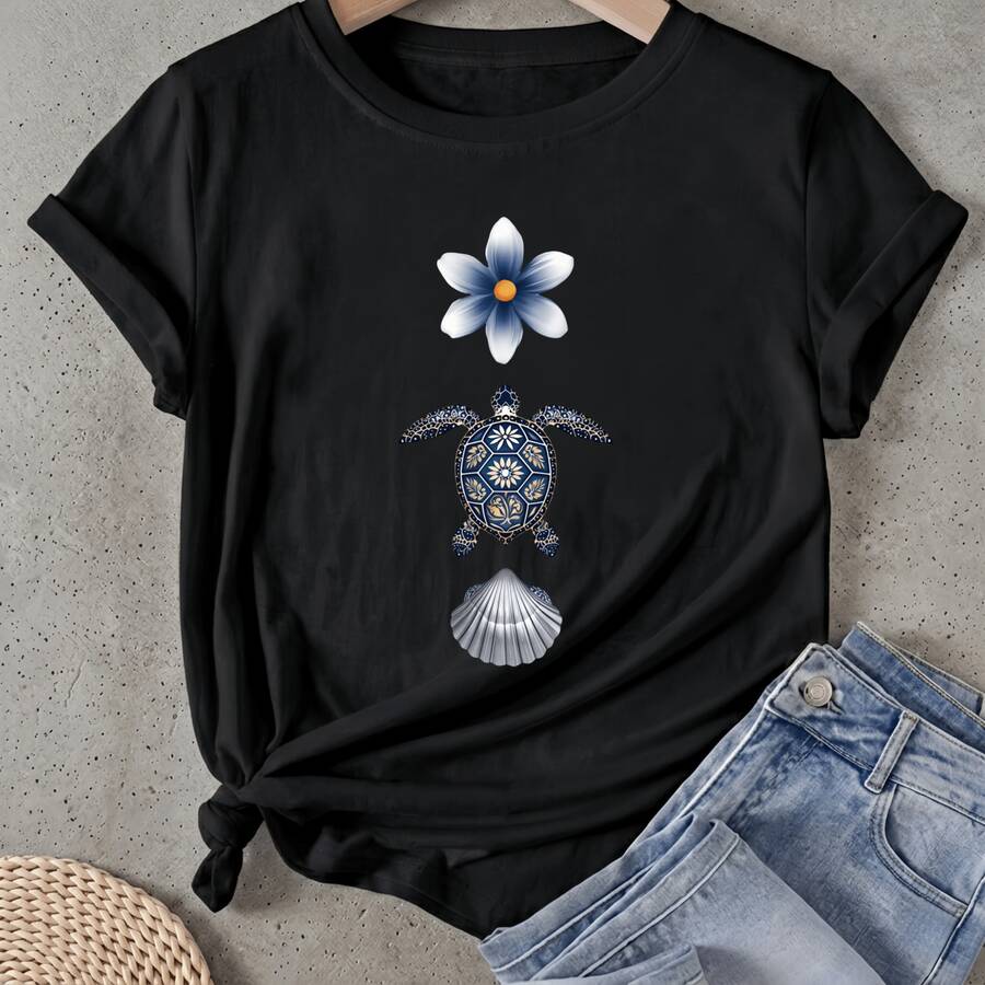 Camiseta de mujer Diseño de patrón de caparazón de flor de tortuga Manga Corta Cuello Redondo Casual Adecuado para primavera y verano - Negro - Ver 1
