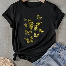 Camiseta de mujer Diseño de Estampado con Patrón de Mariposas Amarillas Manga Corta Cuello Redondo Casual Adecuado para primavera y verano - Negro - Ver 1