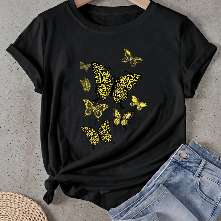 Camiseta de mujer Diseño de Estampado con Patrón de Mariposas Amarillas Manga Corta Cuello Redondo Casual Adecuado para primavera y verano - Negro - Ver 1