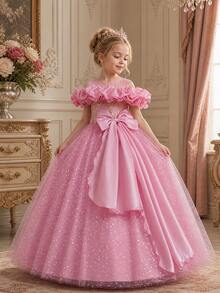 Girls' 3D Floral Off-Shoulder Embroidered Tulle Party Dress, Princess Dress For Birthday Party, Performance, Piano Recital - Dusty Pink - View 2