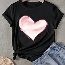 Camiseta de mujer Diseño de Amor con Corazón Rosa Manga Corta Cuello Redondo Casual Adecuado para primavera y verano - Negro - Ver 1