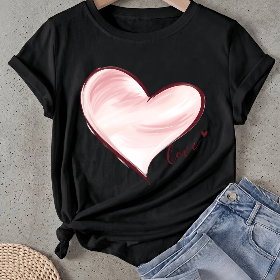 Camiseta de mujer Diseño de Amor con Corazón Rosa Manga Corta Cuello Redondo Casual Adecuado para primavera y verano - Negro - Ver 1