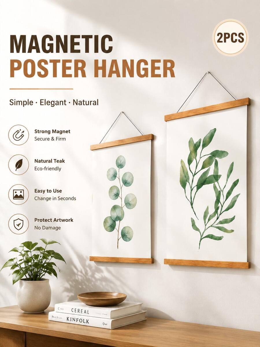 FRAMVIO 2 Pack Magnetic Poster Hanger Frame, Natural Wood Hanging Kit For Canvas Print, Photo & Artwork, Magnetic Wood Wall Frame For Diamond Painting, Easy DIY Poster Hanger, Multiple Sizes Available - Teak Wood - View 1