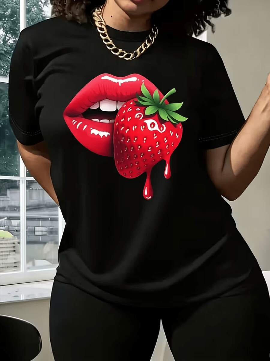 Camiseta para mujer con estampado de labios y fresas - Blusa de manga corta y cuello redondo con fresas y labios, adecuada para primavera, verano y otoño, lavable a máquina, top casual de uso diario, regalo para hermanas y esposa, camiseta sin frutas