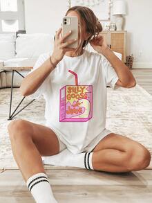 Camiseta con estampado clásico, con un divertido diseño de "juice de ganso", de manga corta y cuello redondo, estilo casual, adecuada para verano y primavera, ropa de mujer. - Blanco - Ver 1