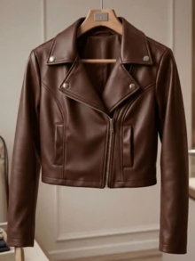 Women's Luxury Faux Leather Biker Jacket With Zipper - 鏽棕色 - 查看 10