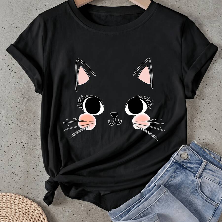 Camiseta de mujer Diseño de carita de gato linda Manga Corta Cuello Redondo Casual Adecuado para primavera y verano - Negro - Ver 1