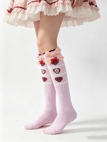 1 Đôi tất kiểu Lolita dễ thương, ngọt ngào, họa tiết bướm và dâu tây màu hồng dành cho bé gái - Nhiều màu - Xem 2