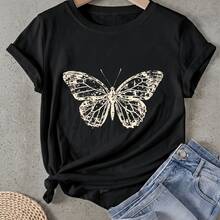 Camiseta de mujer Diseño de arte con estampado de patrón de mariposa Manga Corta Cuello Redondo Casual Adecuado para primavera y verano - Negro - Ver 1