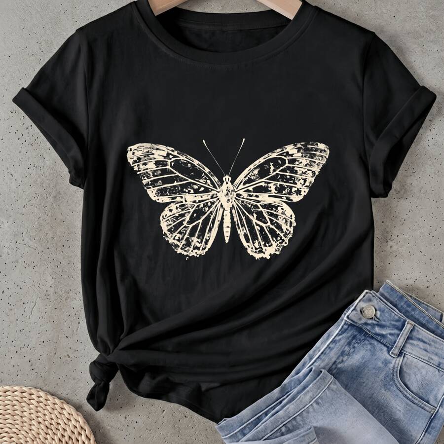 Camiseta de mujer Diseño de arte con estampado de patrón de mariposa Manga Corta Cuello Redondo Casual Adecuado para primavera y verano - Negro - Ver 1