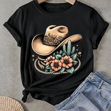 Camiseta de mujer Sombrero Cactus Flores Cuerda Manga Corta Cuello Redondo Casual Adecuado para primavera y verano - Negro - Ver 1