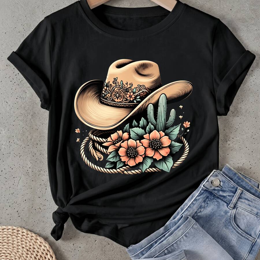 Camiseta de mujer Sombrero Cactus Flores Cuerda Manga Corta Cuello Redondo Casual Adecuado para primavera y verano - Negro - Ver 1