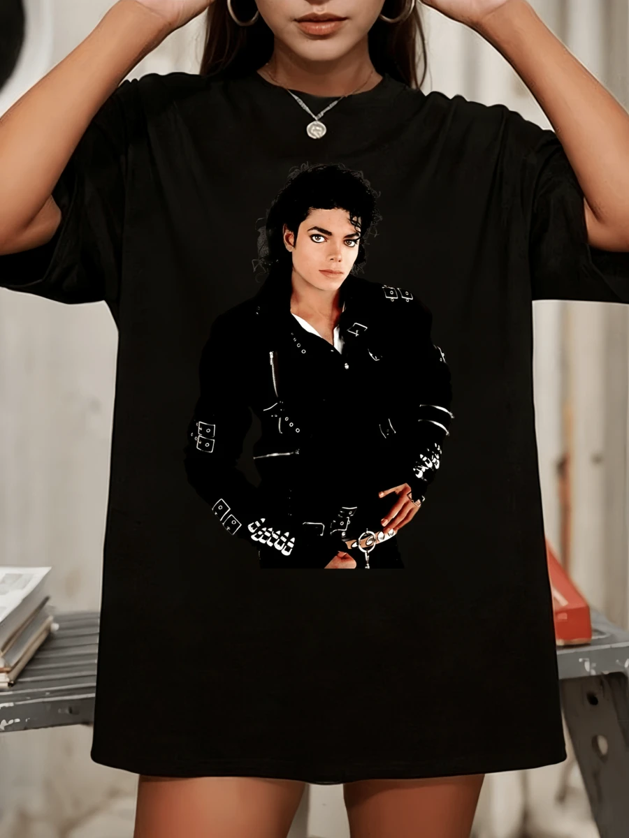 M-MichaelSS J-JacksonSS BAD Era Portrait Inspired T-Shirt, Retro Pop Legend Casual Top - Black - View 1