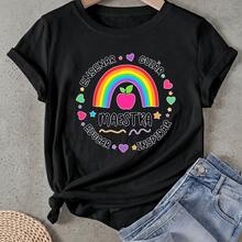 Camiseta de mujer Arco Iris Manzana Corazones Estrellas Texto Manga Corta Cuello Redondo Casual Adecuado para primavera y verano - Negro - Ver 1