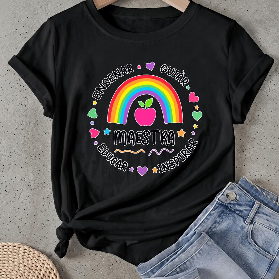 Camiseta de mujer Arco Iris Manzana Corazones Estrellas Texto Manga Corta Cuello Redondo Casual Adecuado para primavera y verano - Negro - Ver 1