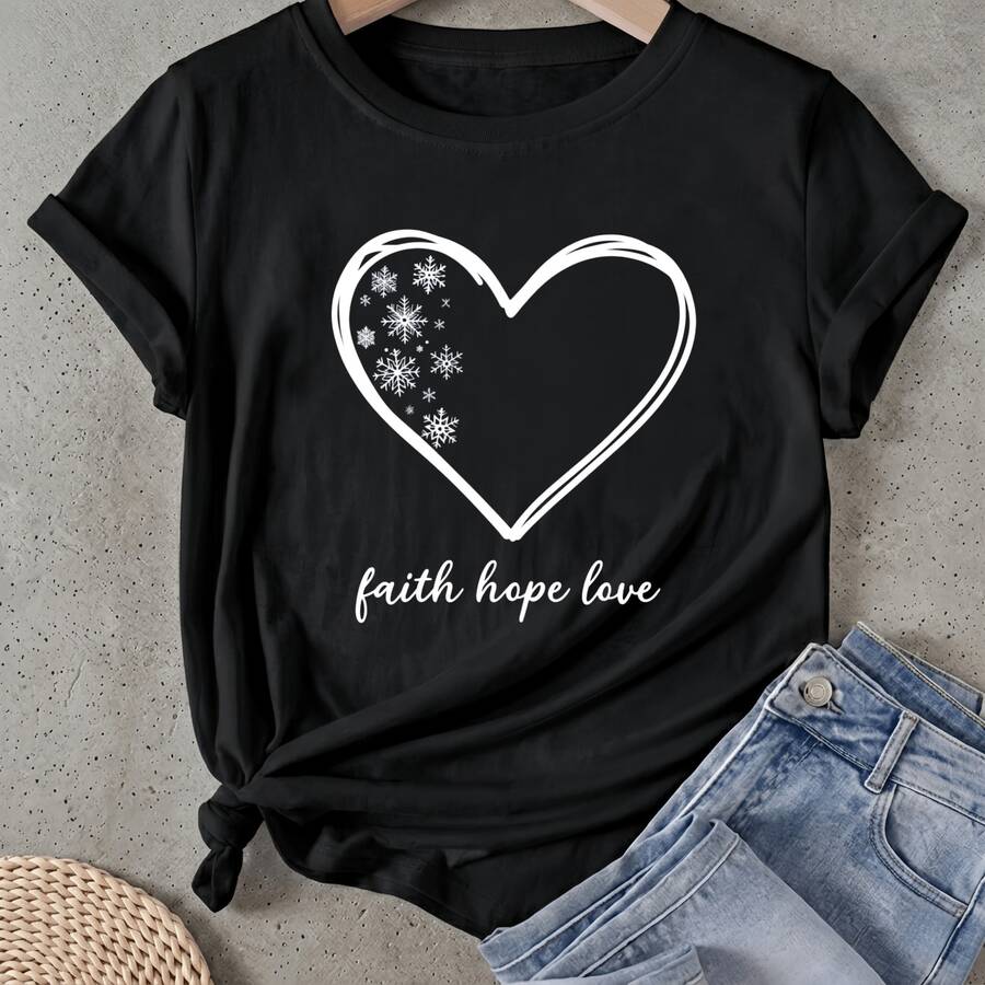 Camiseta de mujer Copa de Nieve Fe Esperanza Amor Manga Corta Cuello Redondo Casual Adecuado para primavera y verano - Negro - Ver 1