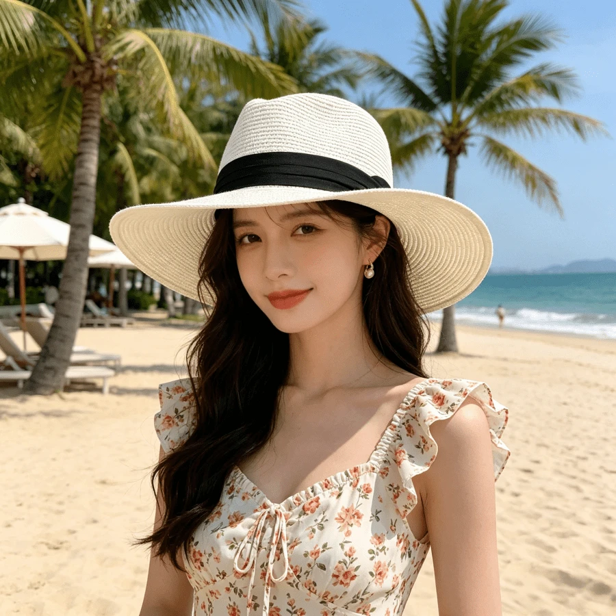 草帽1顶，夏季防晒帽，男女通用沙滩旅行团体活动遮阳帽 - A - 查看 1