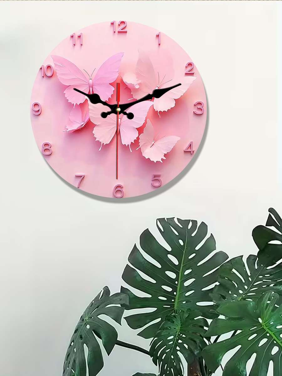 2D Flat Elegant Pink Butterfly Wall Clock | Silent Art Decor With Floral Design, Ideal For Living Room, Bedroom, Office, And, Wooden Construction, AA Battery Not Included - Multicolor - View 1