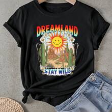Camiseta de mujer Sueño Tierra Sol Cactus Flores Permanece Salvaje Manga Corta Cuello Redondo Casual Adecuado para primavera y verano - Negro - Ver 1
