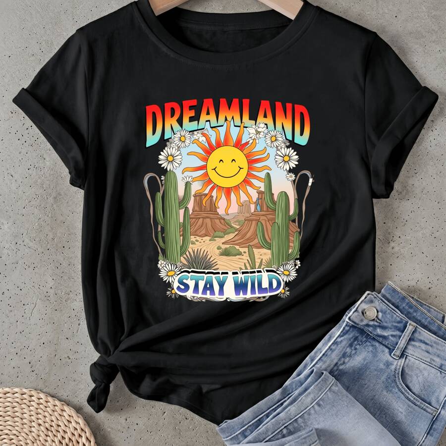 Camiseta de mujer Sueño Tierra Sol Cactus Flores Permanece Salvaje Manga Corta Cuello Redondo Casual Adecuado para primavera y verano - Negro - Ver 1