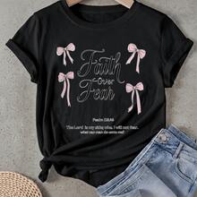 Camiseta de mujer Fe en lugar de miedo con lazos Manga Corta Cuello Redondo Casual Adecuado para primavera y verano - Negro - Ver 1