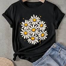 Camiseta de mujer Diseño de estampado con patrón de flor de margarita Manga Corta Cuello Redondo Casual Adecuado para primavera y verano - Negro - Ver 1