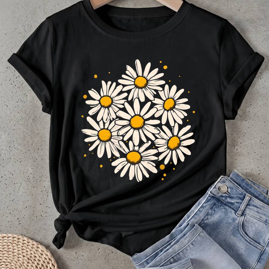 Camiseta de mujer Diseño de estampado con patrón de flor de margarita Manga Corta Cuello Redondo Casual Adecuado para primavera y verano - Negro - Ver 1