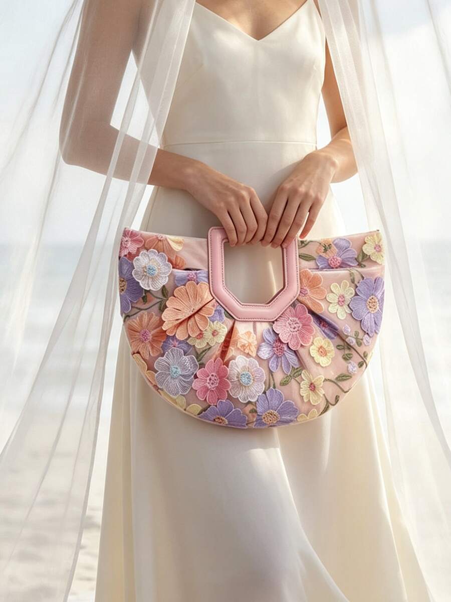 1pc Colorful Floral Decor Net Mesh Embroidered Applique Fan-Shaped Large Tote Bag, Linen Bottom Fabric, Elegant Summer Beach Vacation Style, Suitable For Pairing With Maxi Dresses (Floral Pattern Randomly Sent) - Pink - View 1