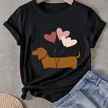 Camiseta de mujer Dachshund Con Globos De Corazón Manga Corta Cuello Redondo Casual Adecuado para primavera y verano - Negro - Ver 1