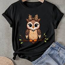Camiseta de mujer Búho Adorable Con Lazito En La Rama Manga Corta Cuello Redondo Casual Adecuado para primavera y verano - Negro - Ver 1